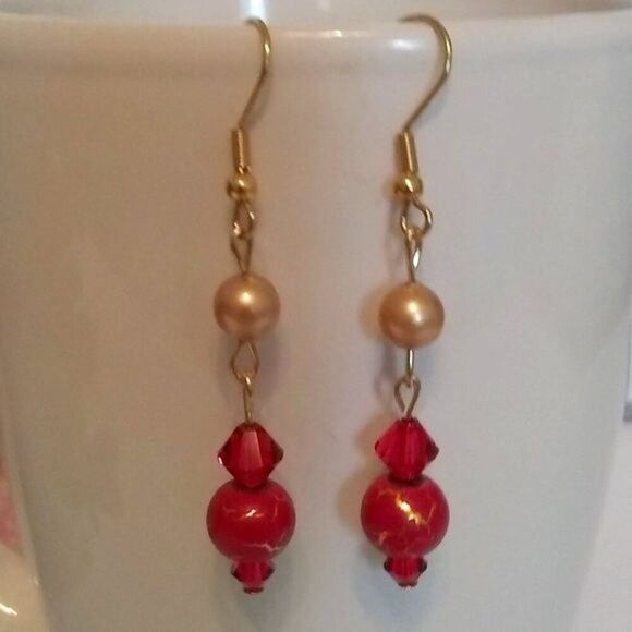 Red & Gold Bead Dangle Earrings - Picture 1 of 1